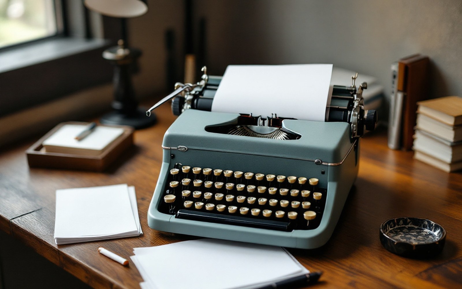 A manual typewriter on a desk with a part-typed page still in the roller, cigarette tray and stacked paper beside it