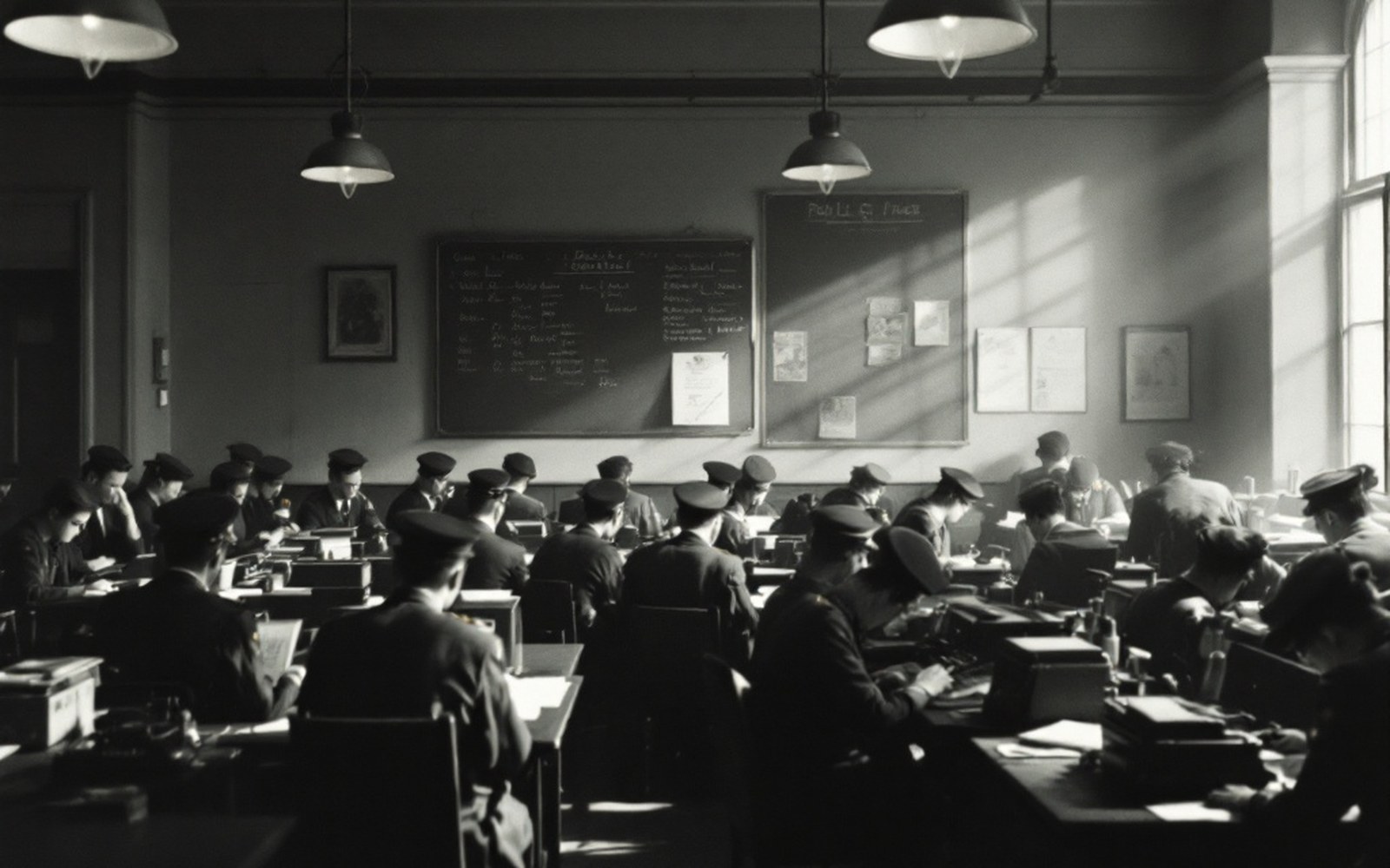 A crowded mid-century police squad room with desks pushed together, typewriters and a noticeboard, adults working