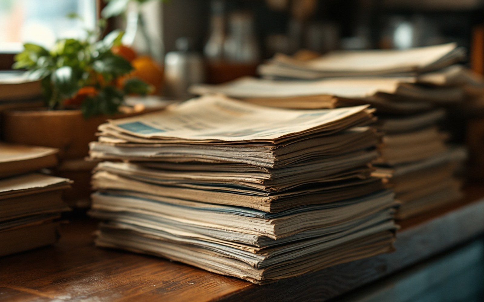 A stack of rough-paper pulp magazines with sun-faded spines on a wooden counter