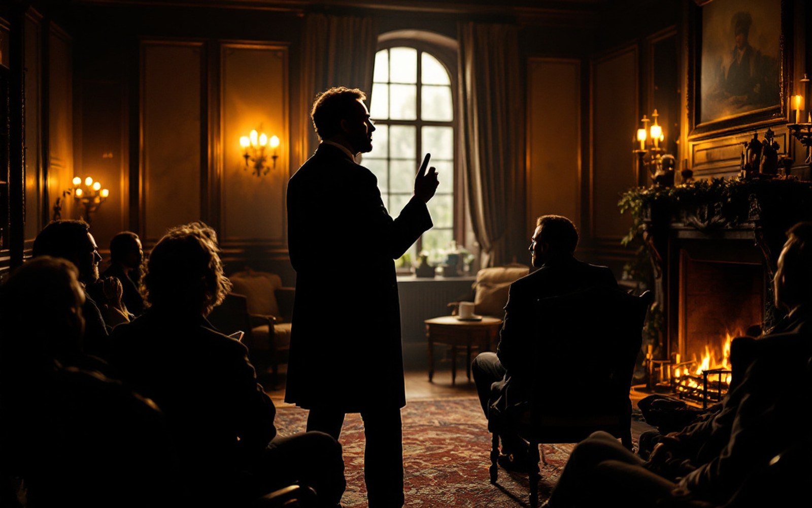 A man's silhouette lecturing to seated listeners in a panelled room, firelight, period furniture
