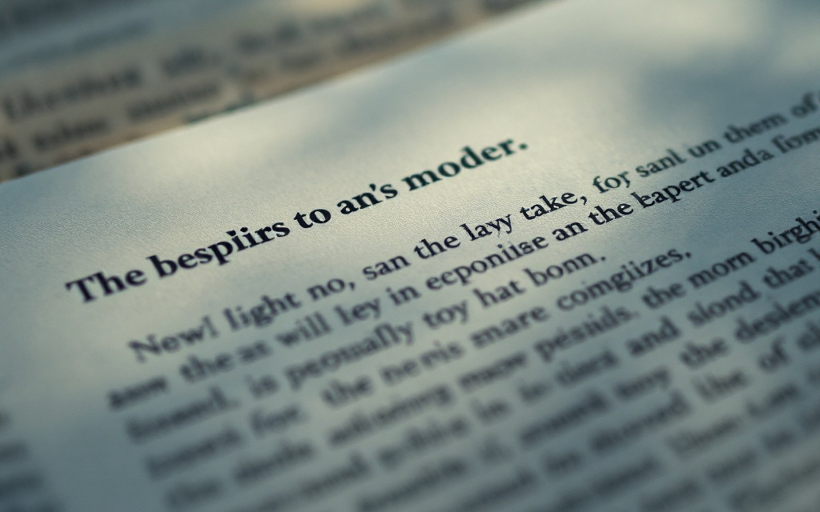 A page of printed prose with one line very slightly in focus and the rest falling soft, extreme close view