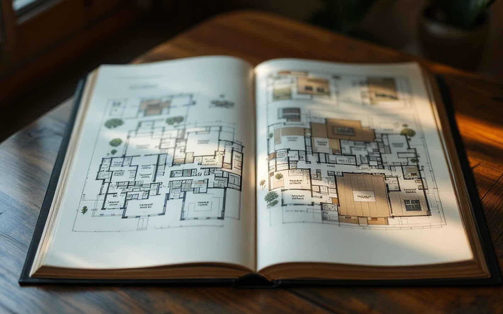 A printed architectural floor plan of a large house bound as a book endpaper, seen flat