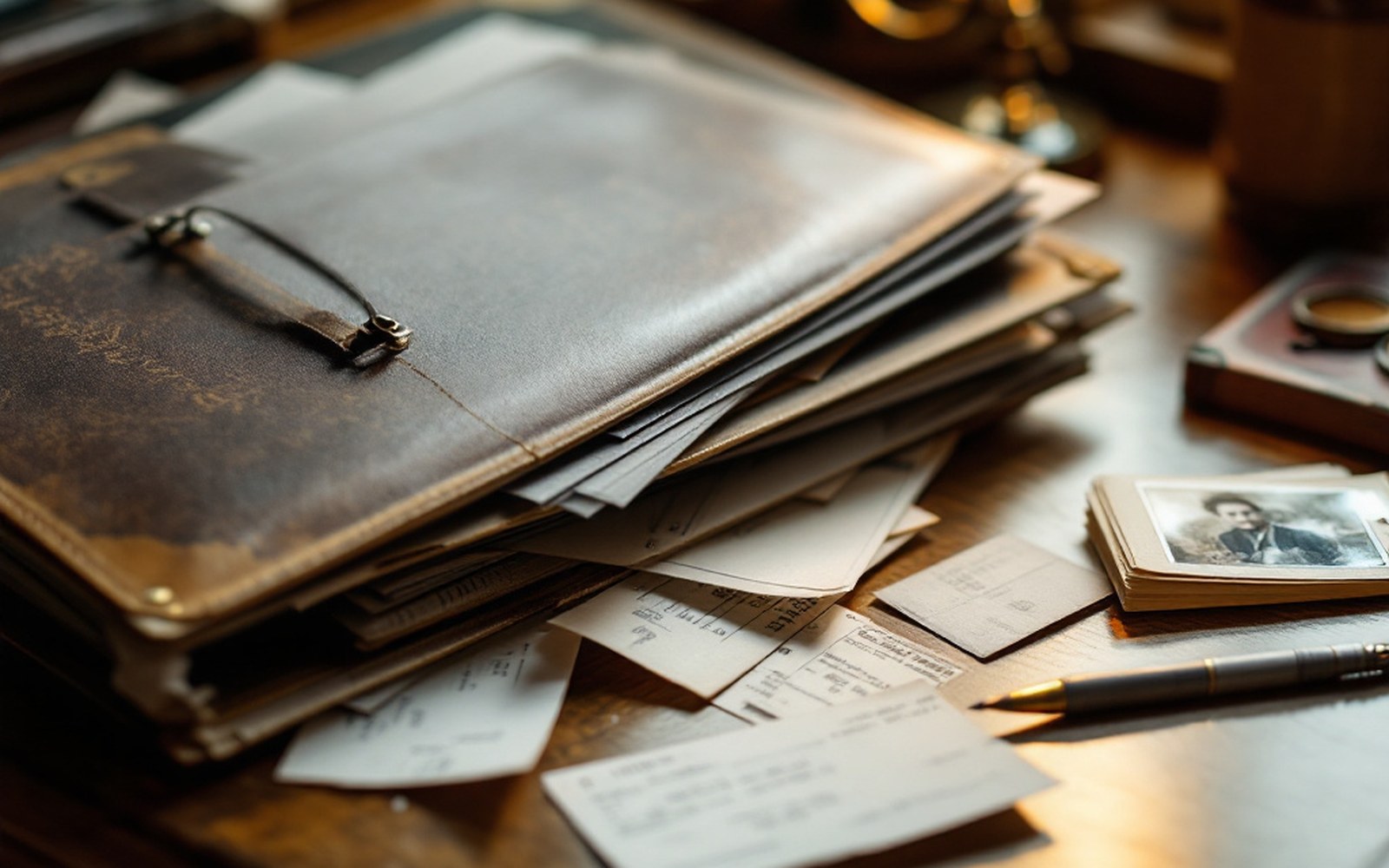 A card folder spilling loose facsimile documents, a telegram, a rail ticket and a photograph, on a desk
