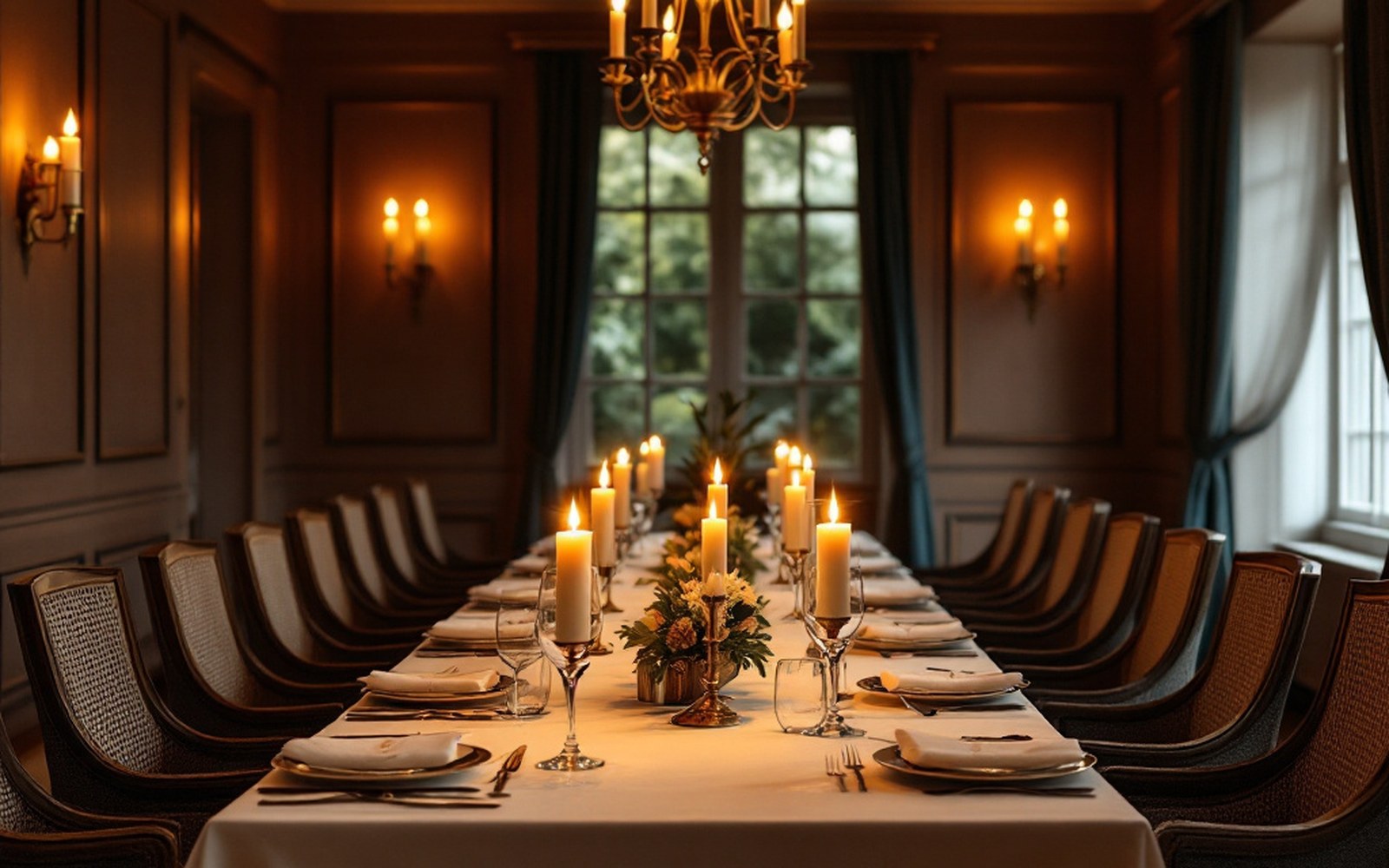 A candlelit private dining room with a long table set for a formal dinner beneath panelled walls
