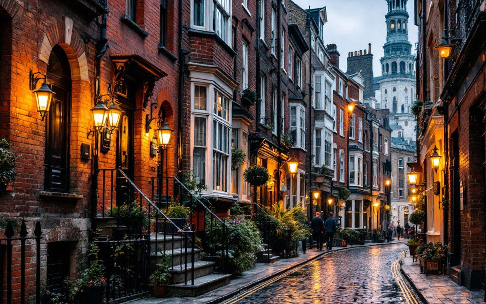 A narrow Soho street of brick buildings with basement areas and iron railings, overcast