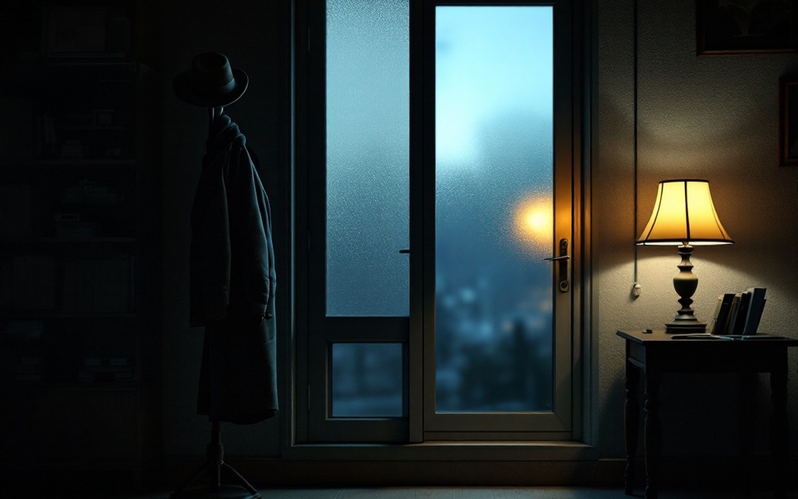 A small city office at night with frosted glass in the door, a hat on a coat stand and a desk lamp burning