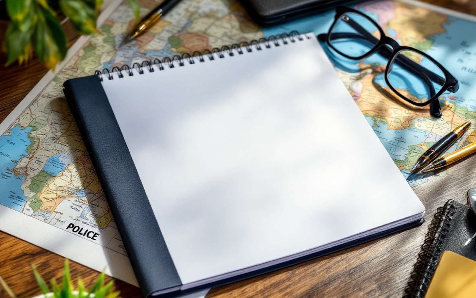 A police notebook open on a desk beside a folded map and a pair of reading glasses