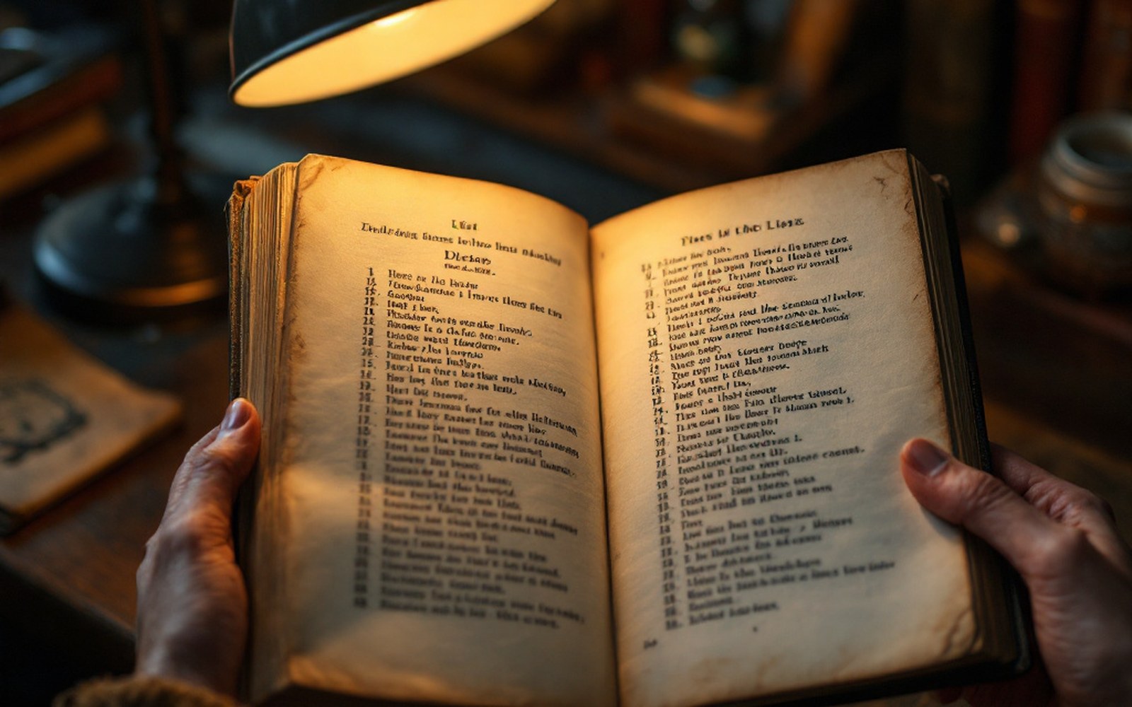 A numbered list printed on a foxed page of a 1920s book, held open by hand under a desk lamp