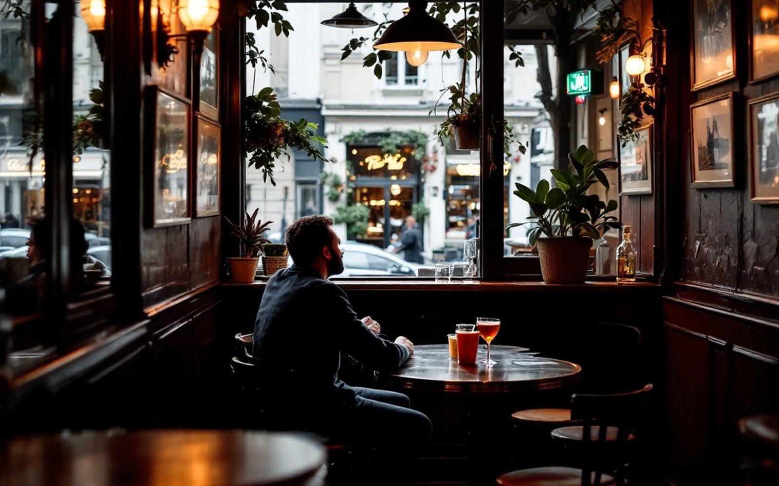 A small Paris bar interior in the afternoon with a zinc counter, one adult seated alone with a drink
