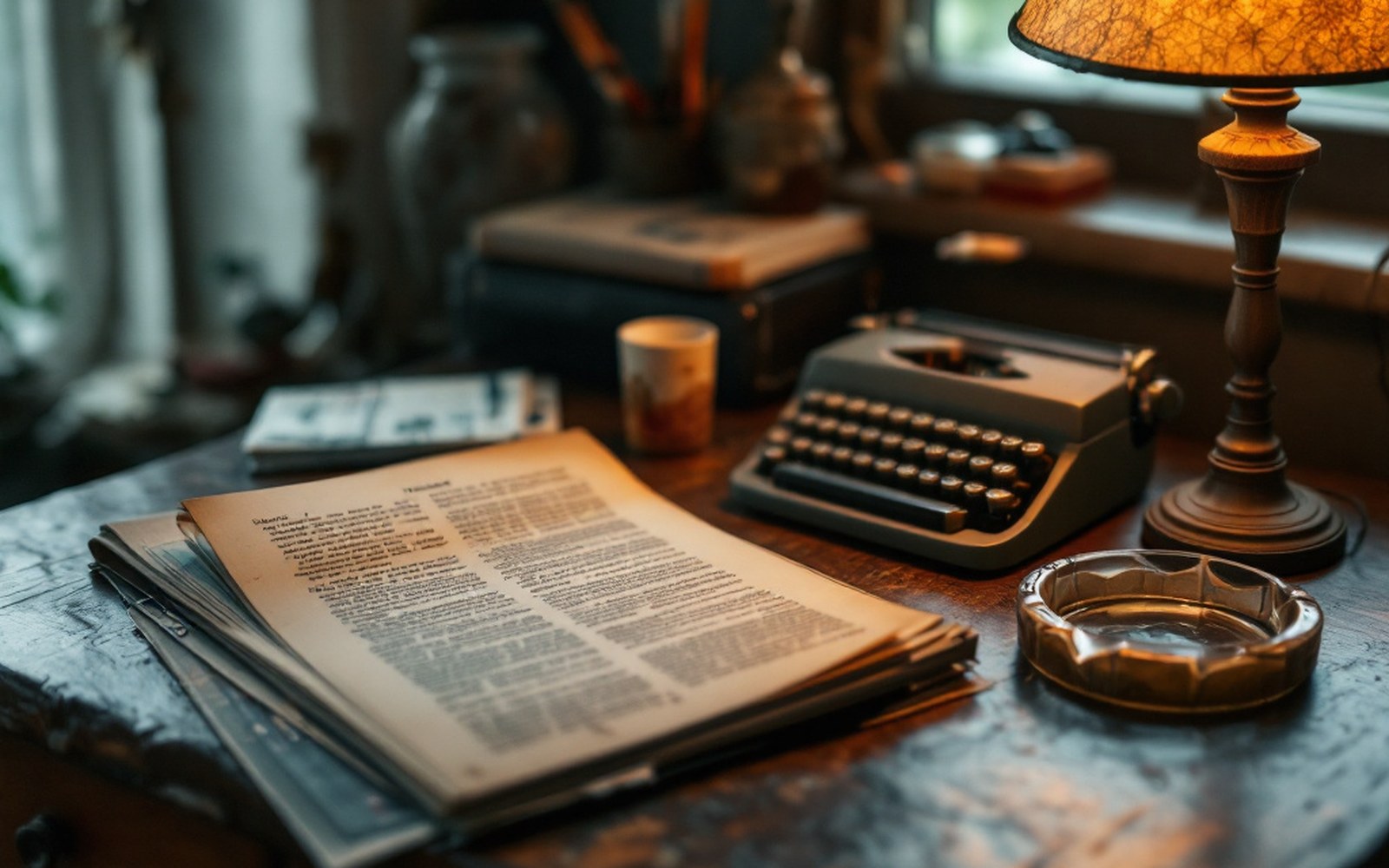 A pulp magazine and a typed manuscript on a cluttered desk beside a cheap lamp and an ashtray
