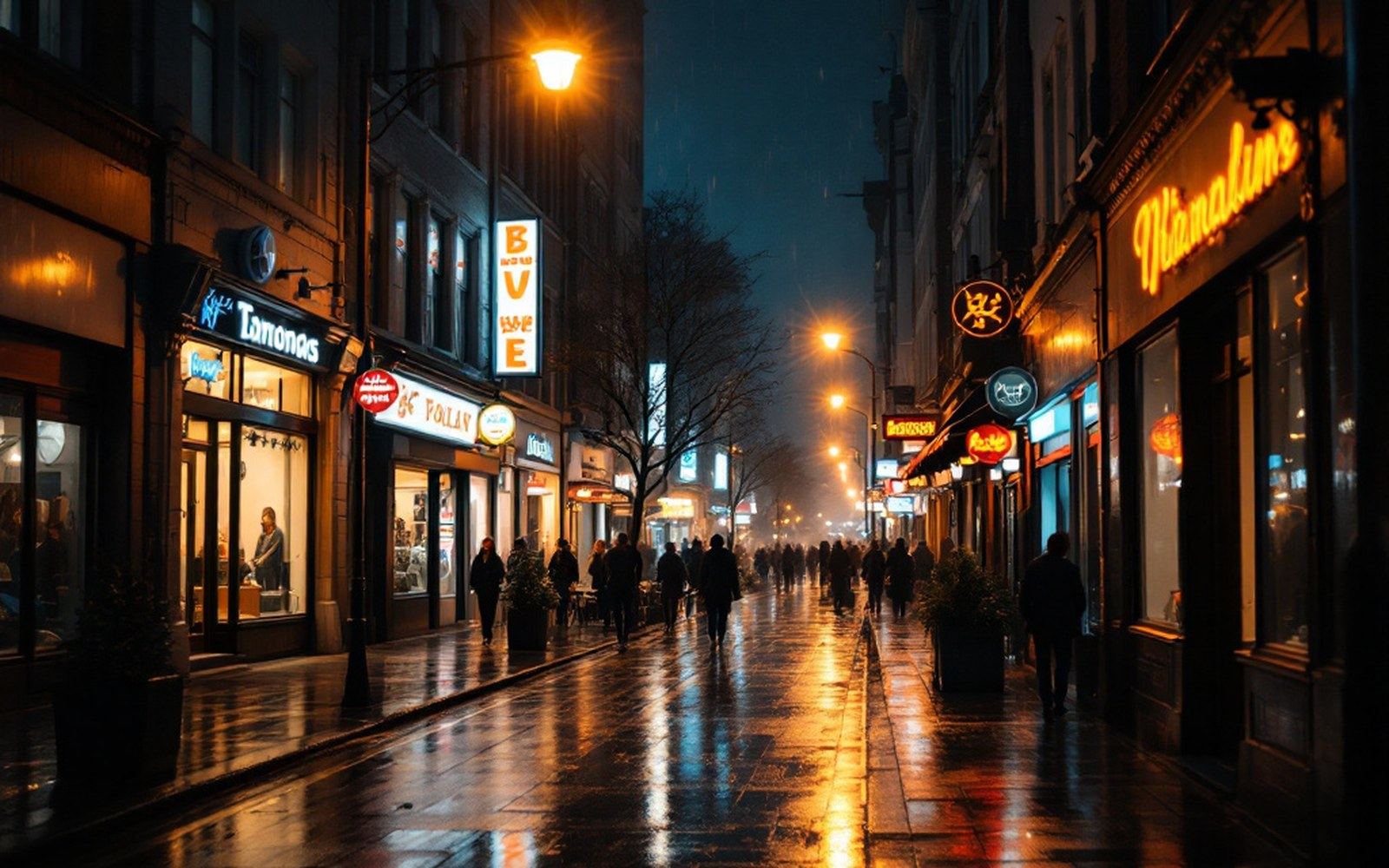 A wet city street at night lit by shopfronts and a single street lamp