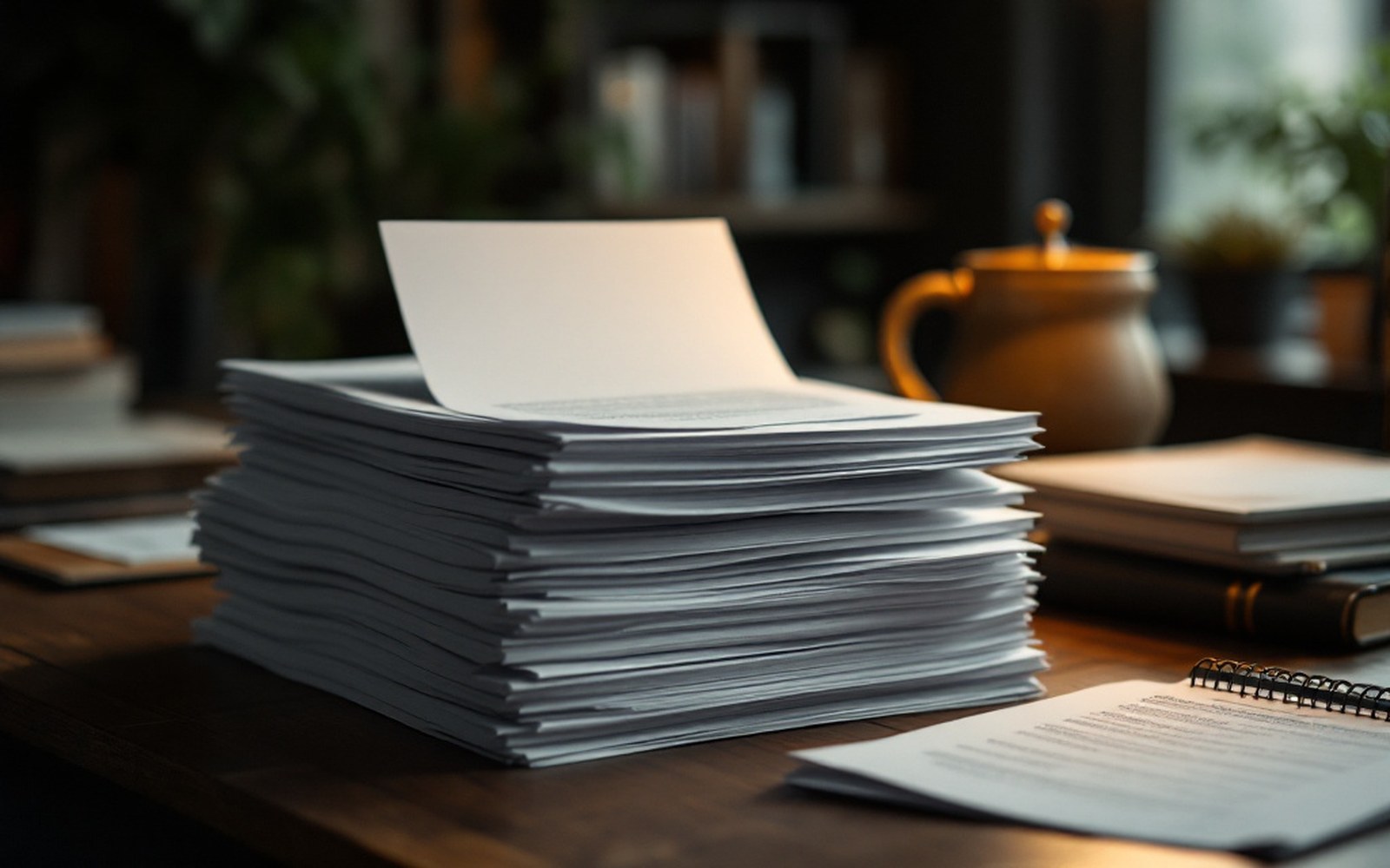 A stack of typed carbon-copy reports clipped together on a desk, top sheet slightly askew