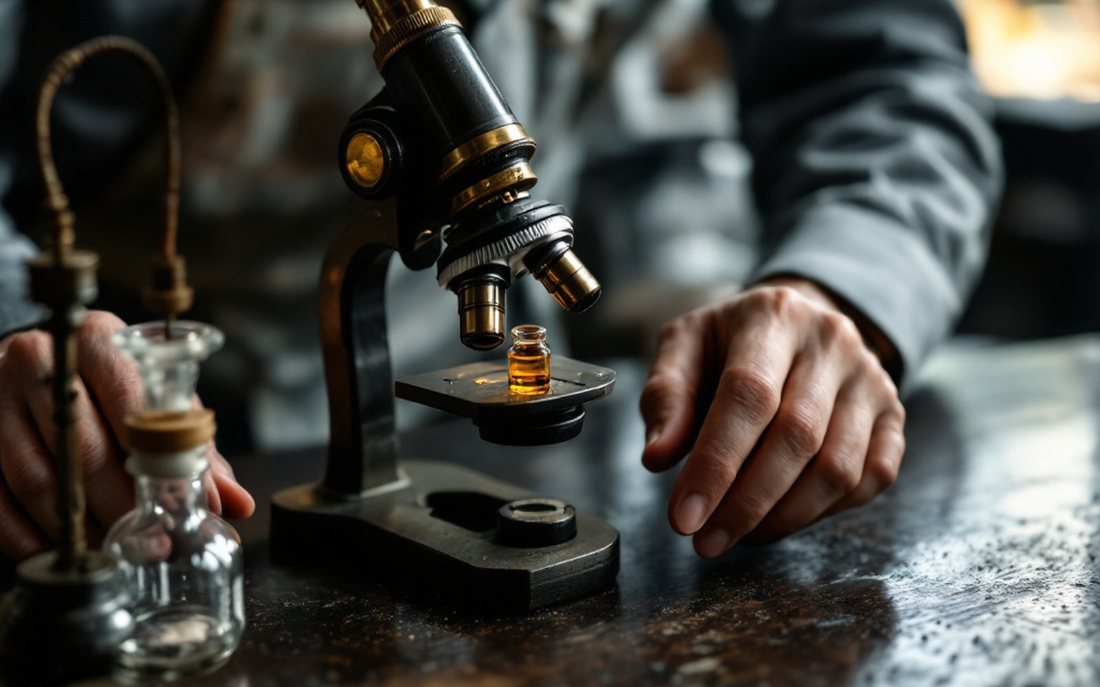 A pair of hands at a laboratory bench with a microscope and small glass vials, early twentieth century apparatus
