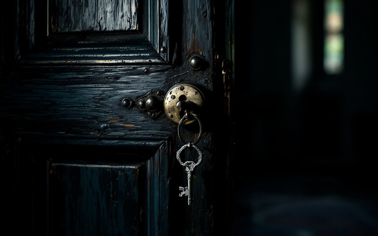 A heavy panelled door with an old mortice lock and a key still in it, seen from inside a dim room