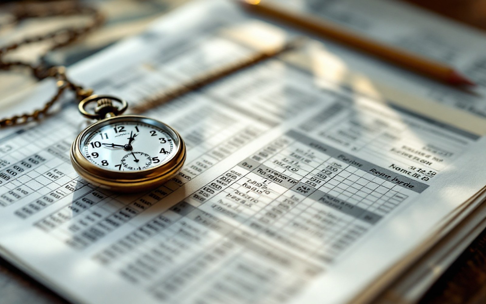 A printed railway timetable page with columns of times, a pencil and a pocket watch lying across it